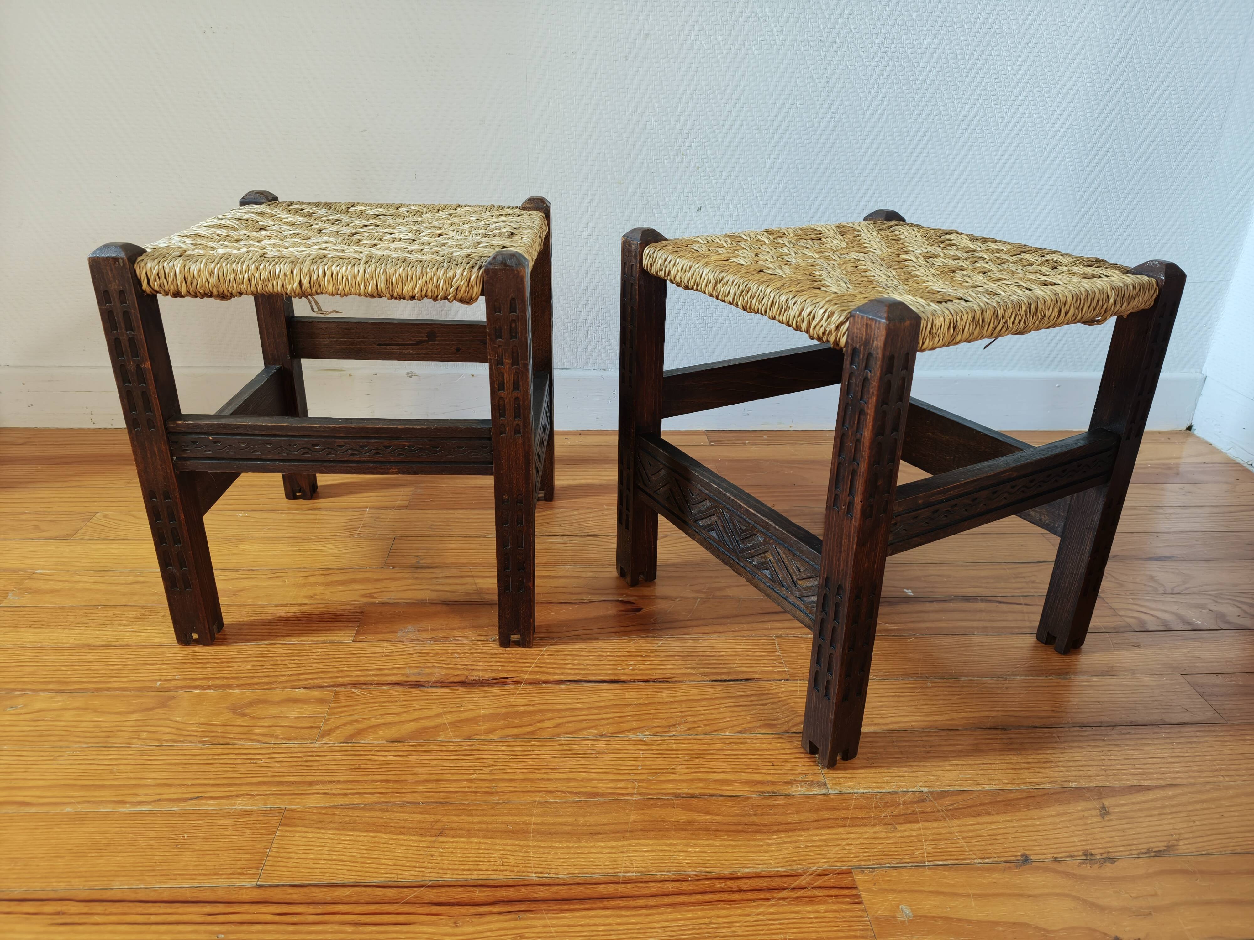 Pair of handcrafted stools from Friuli in carved wood, Italy, circa 1960.