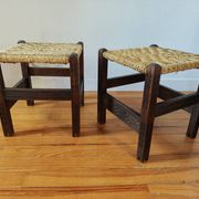 Pair of handcrafted stools from Friuli in carved wood, Italy, circa 1960.
