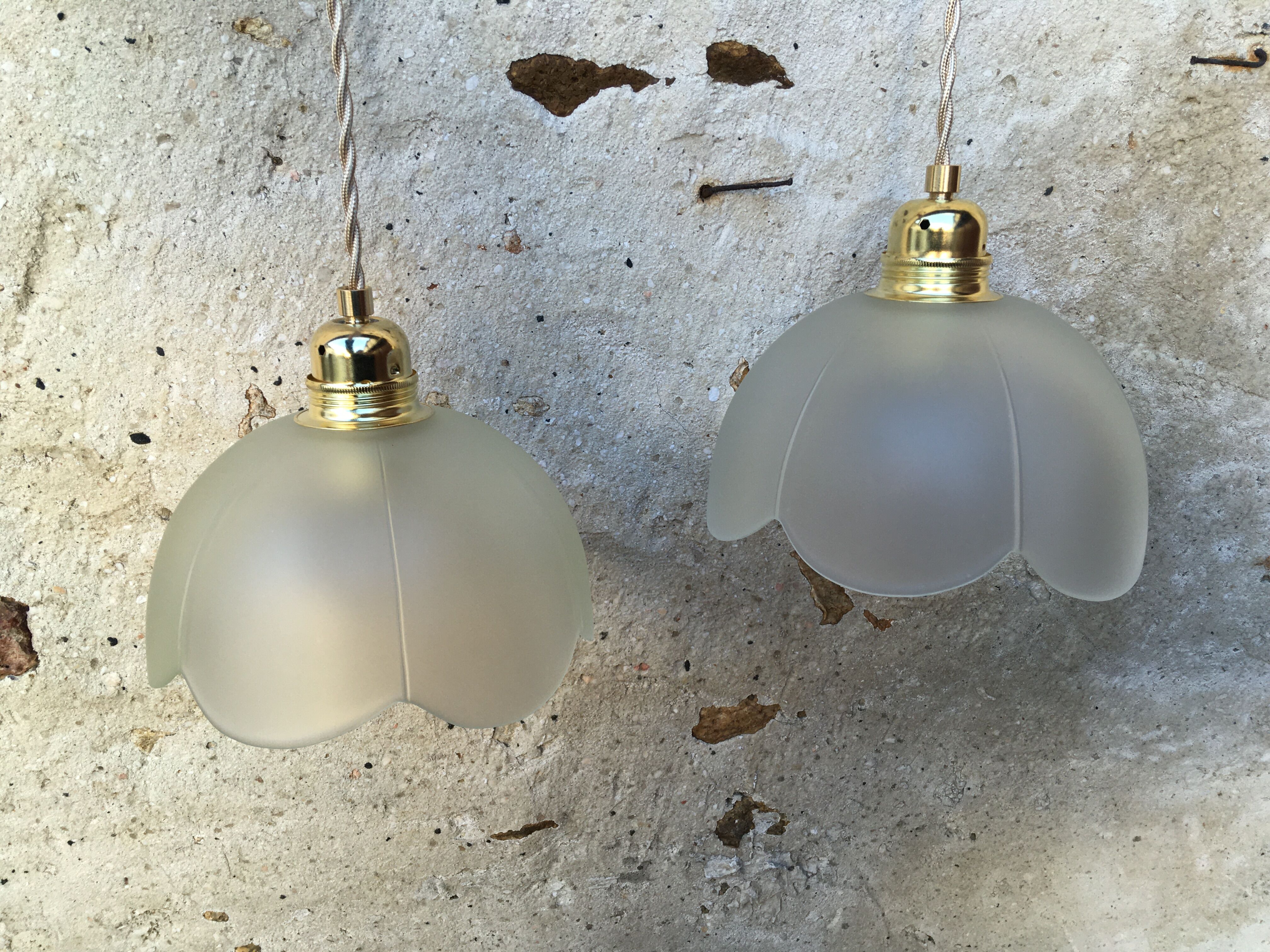 Pair of vintage flower pendants in frosted glass