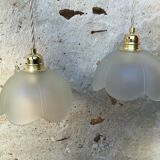 Pair of vintage flower pendants in frosted glass