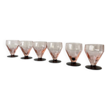 6 Art Deco pink wine or water glasses with black stems.