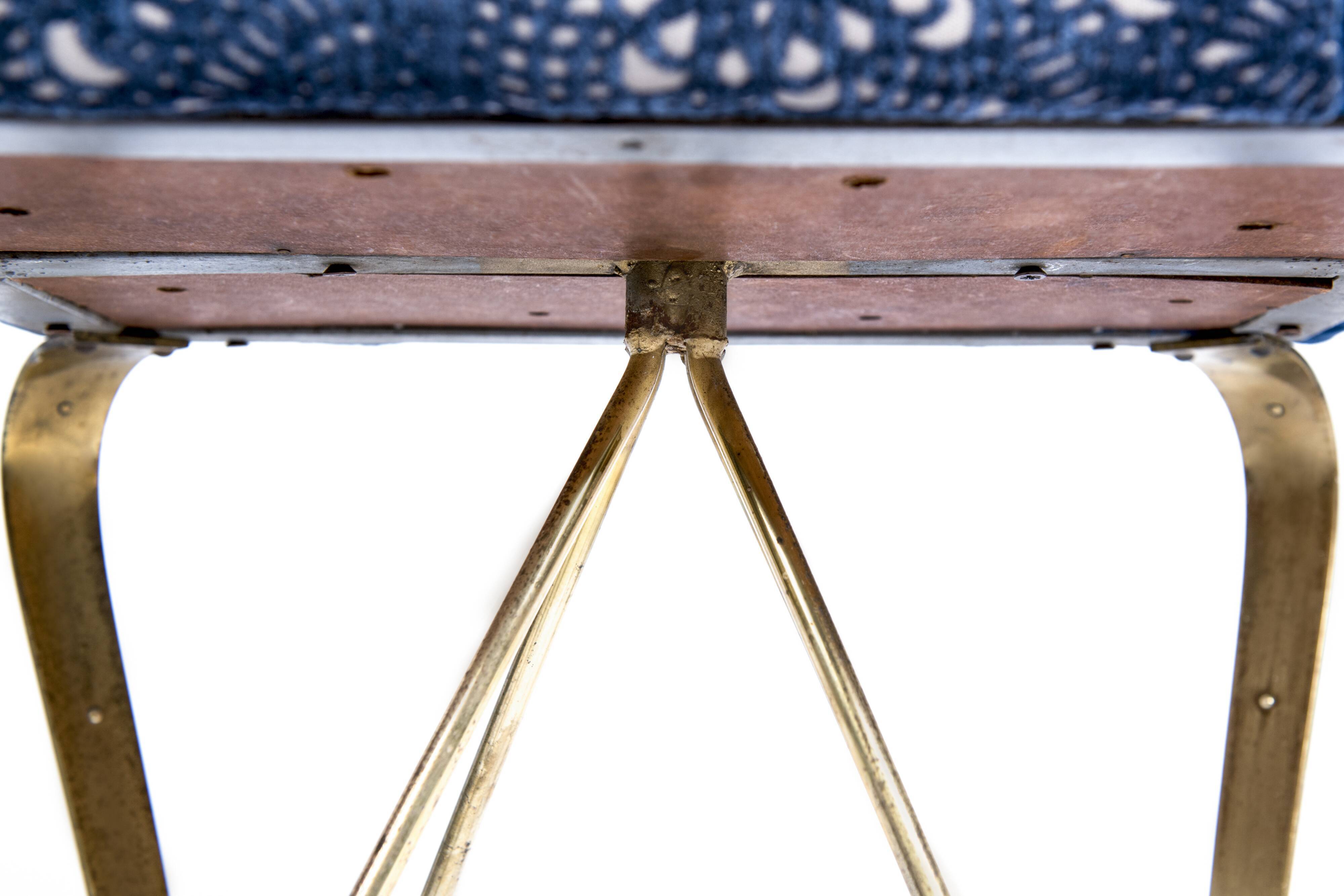 Pair of vintage brass and blue velvet feet rest