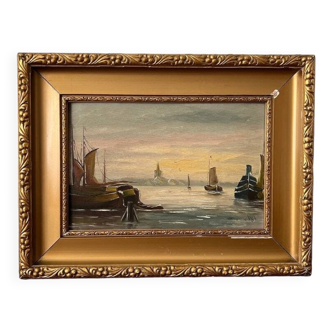 Voilier relaxant et pêche sur la peinture à l'huile du lac à bord