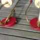 Pair of wall lights Vintage 1950s/60s glass/brass/red flames plastic