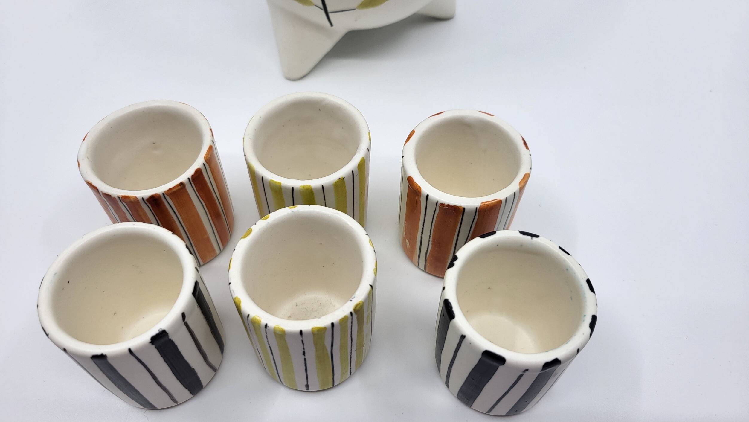 Roger Capron liqueur service bottle and 6 cups in French ceramic Vallauris