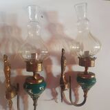 Pair of vintage wall lights in gold metal, green ceramic and glass globe
