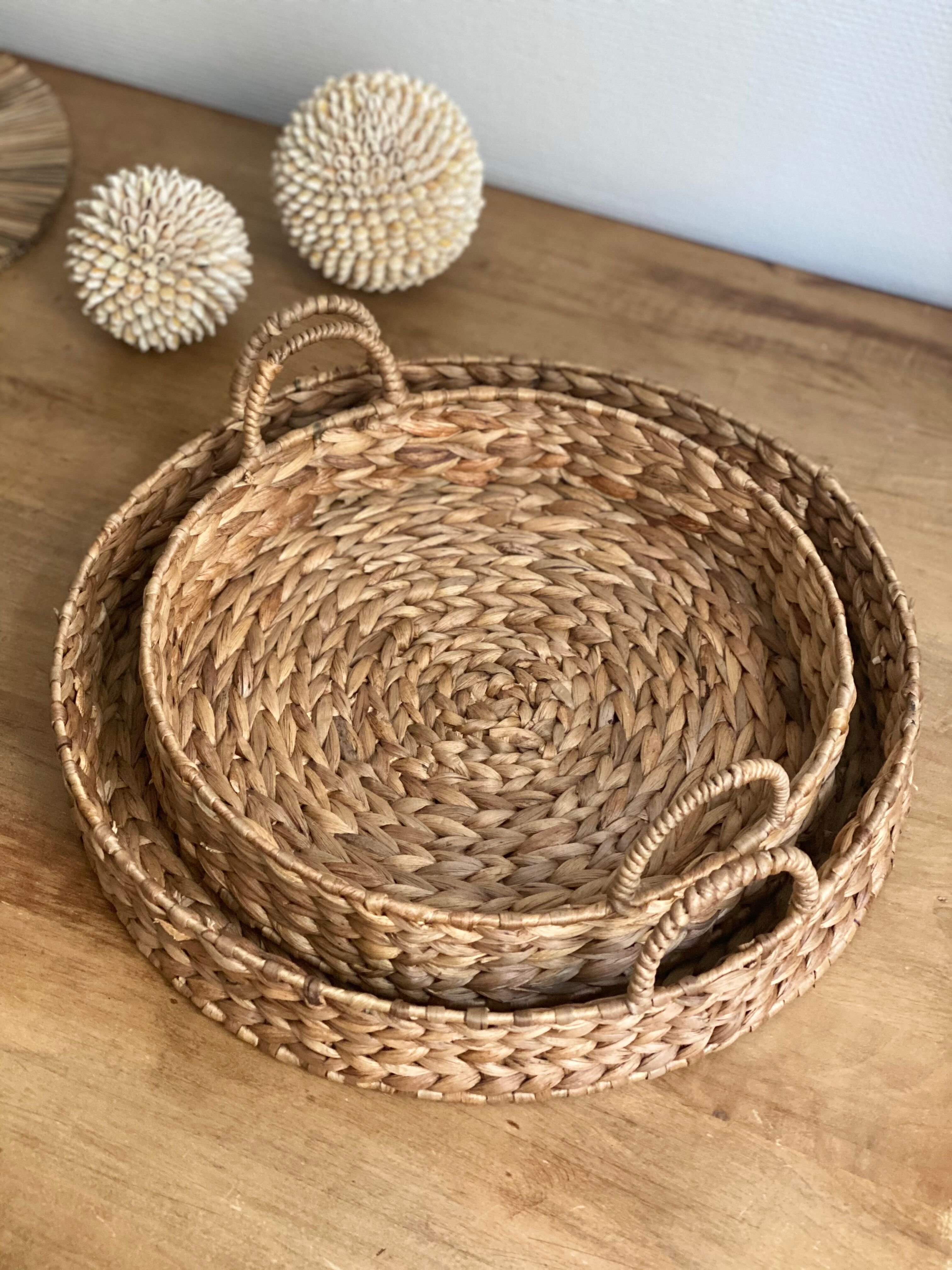 Plateau rond en rotin tressé vintage 33 cm