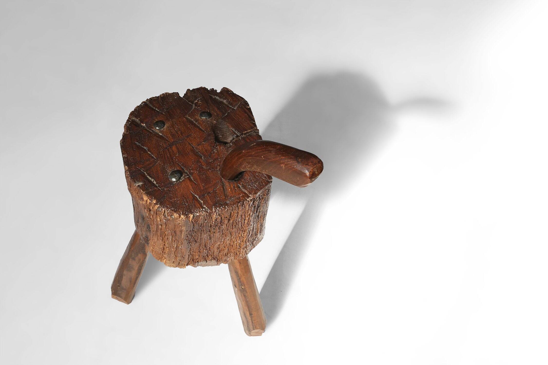 Tabouret en chêne fait main rustique, France, 19ème siècle