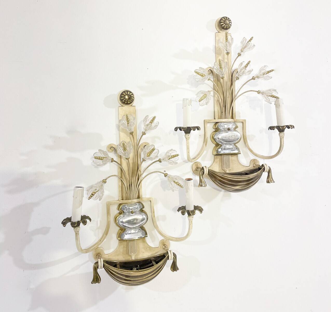 Pair of Silver Wrought Iron And Glass Wall Lights by Banci, Italy, 1940s