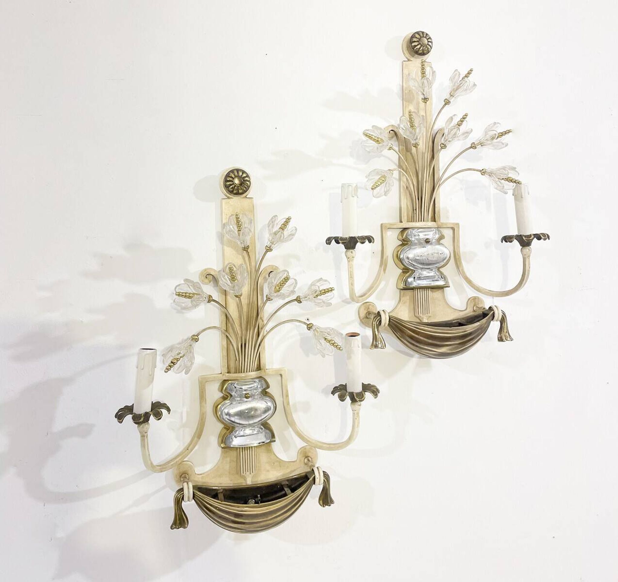 Pair of Silver Wrought Iron And Glass Wall Lights by Banci, Italy, 1940s