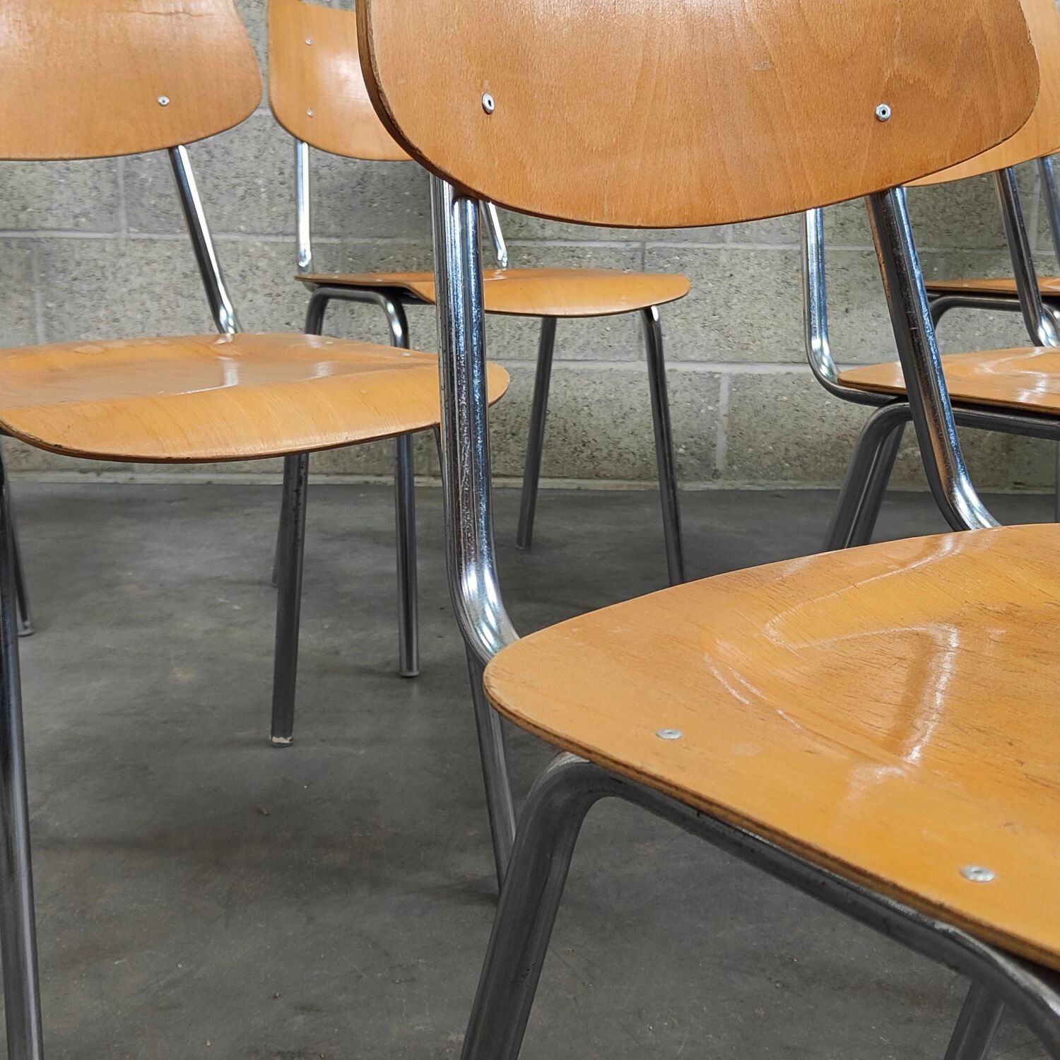 Set of 6 Czech chairs "Kovonac" school type, chrome and wood 1960