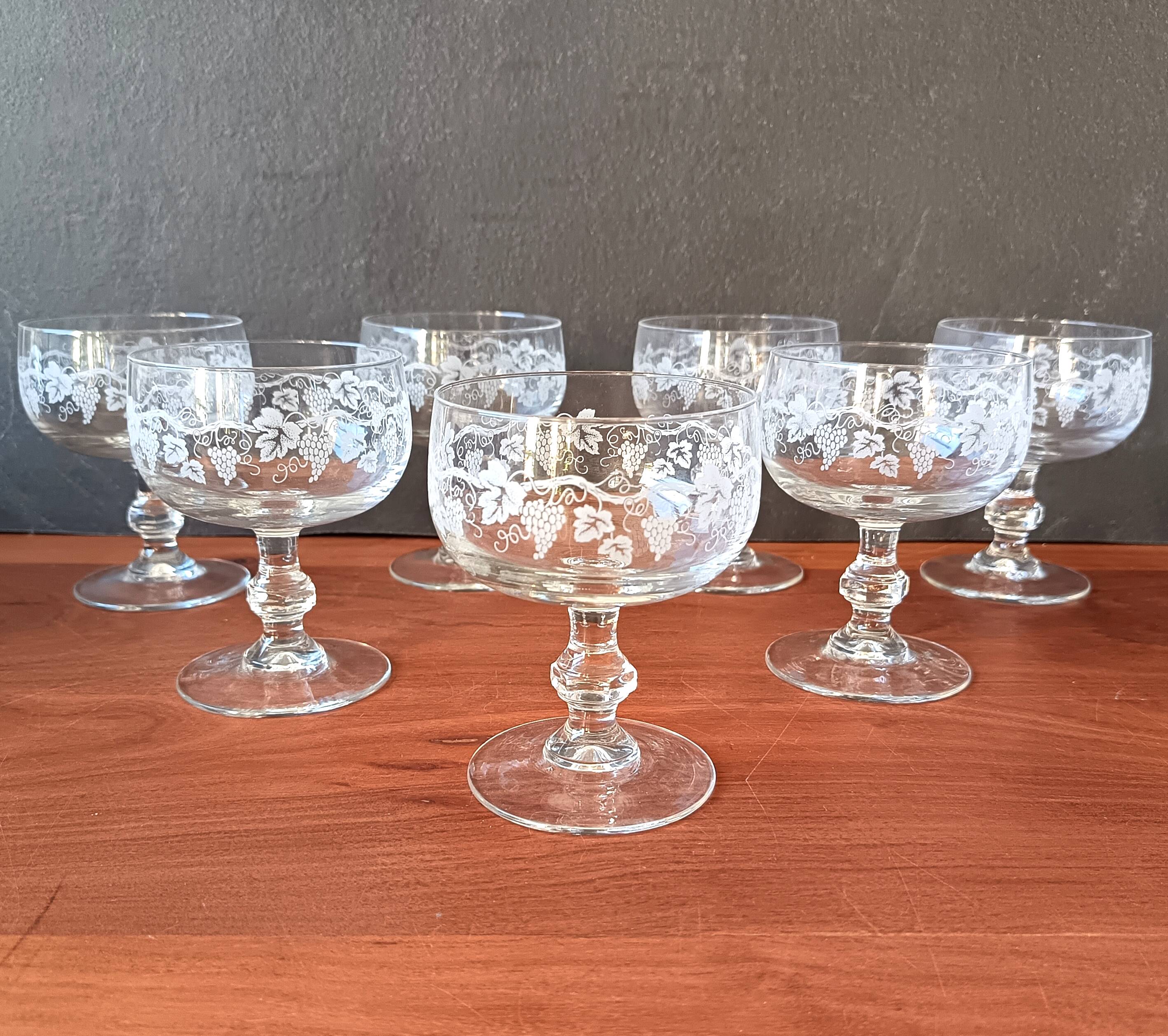 7 champagne coupes, vintage glass coupes