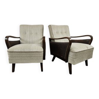 Fauteuils Art Déco des années 1940 en noyer avec revêtement en cuir et tissu
