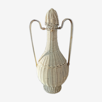 Beautiful Vintage carafe covered wicker braided with gilded metal handle