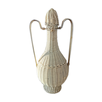 Beautiful Vintage carafe covered wicker braided with gilded metal handle