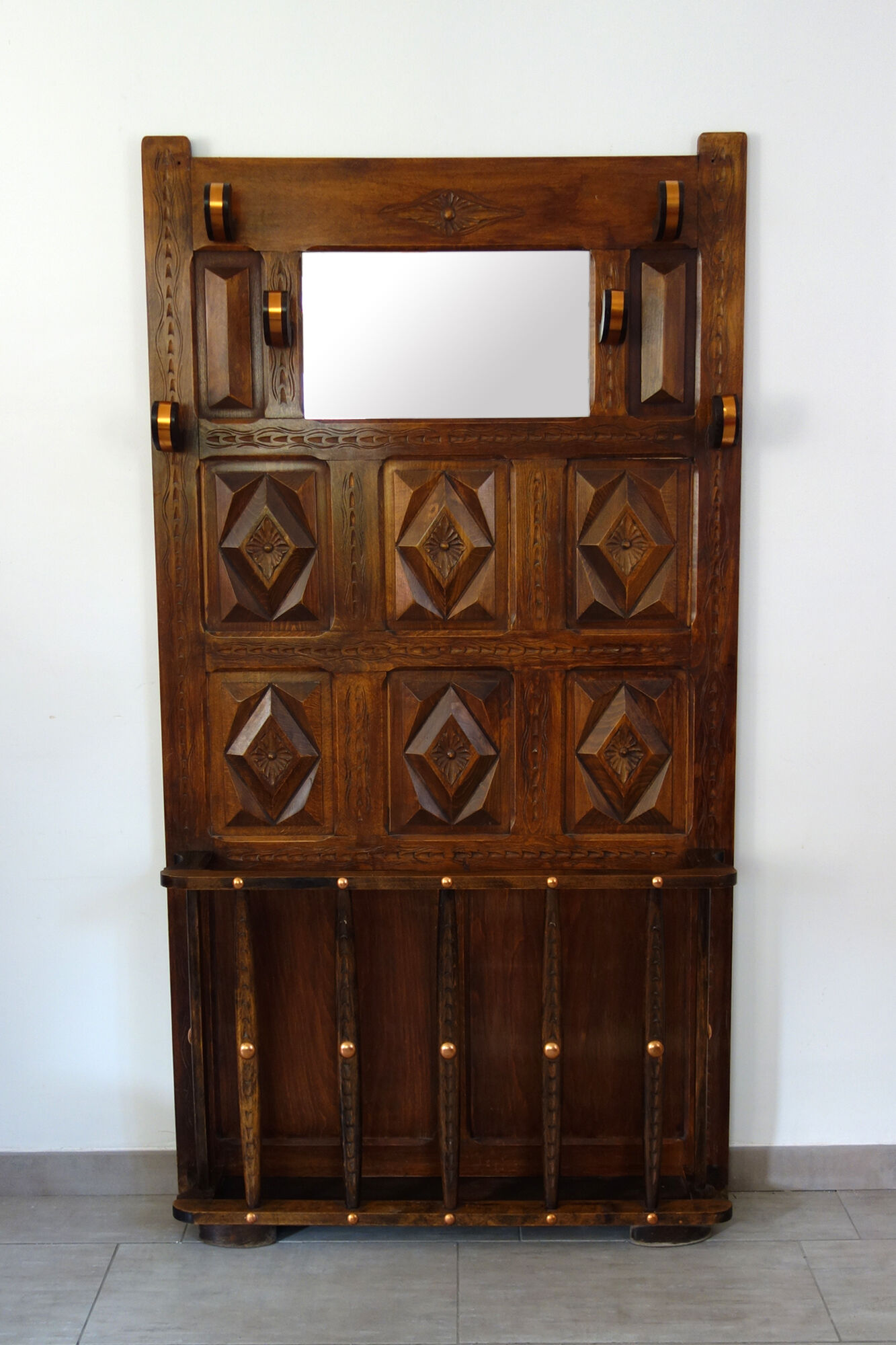 Coat rack cloakroom wood carved folk art