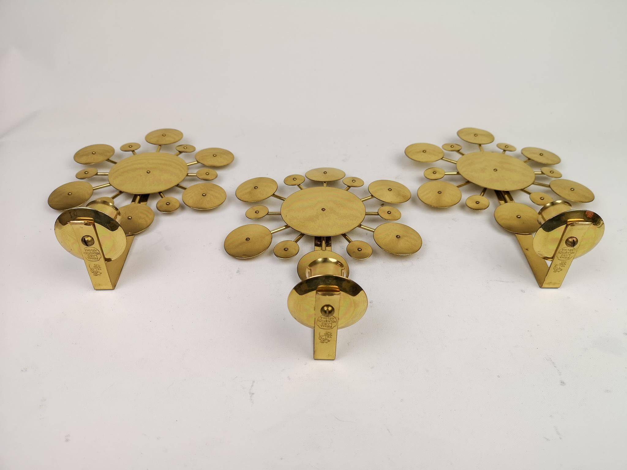 Set of 3 Wall Candle Holders in Brass "Sunburst" Holmström, Arvika, Sweden, 1960s