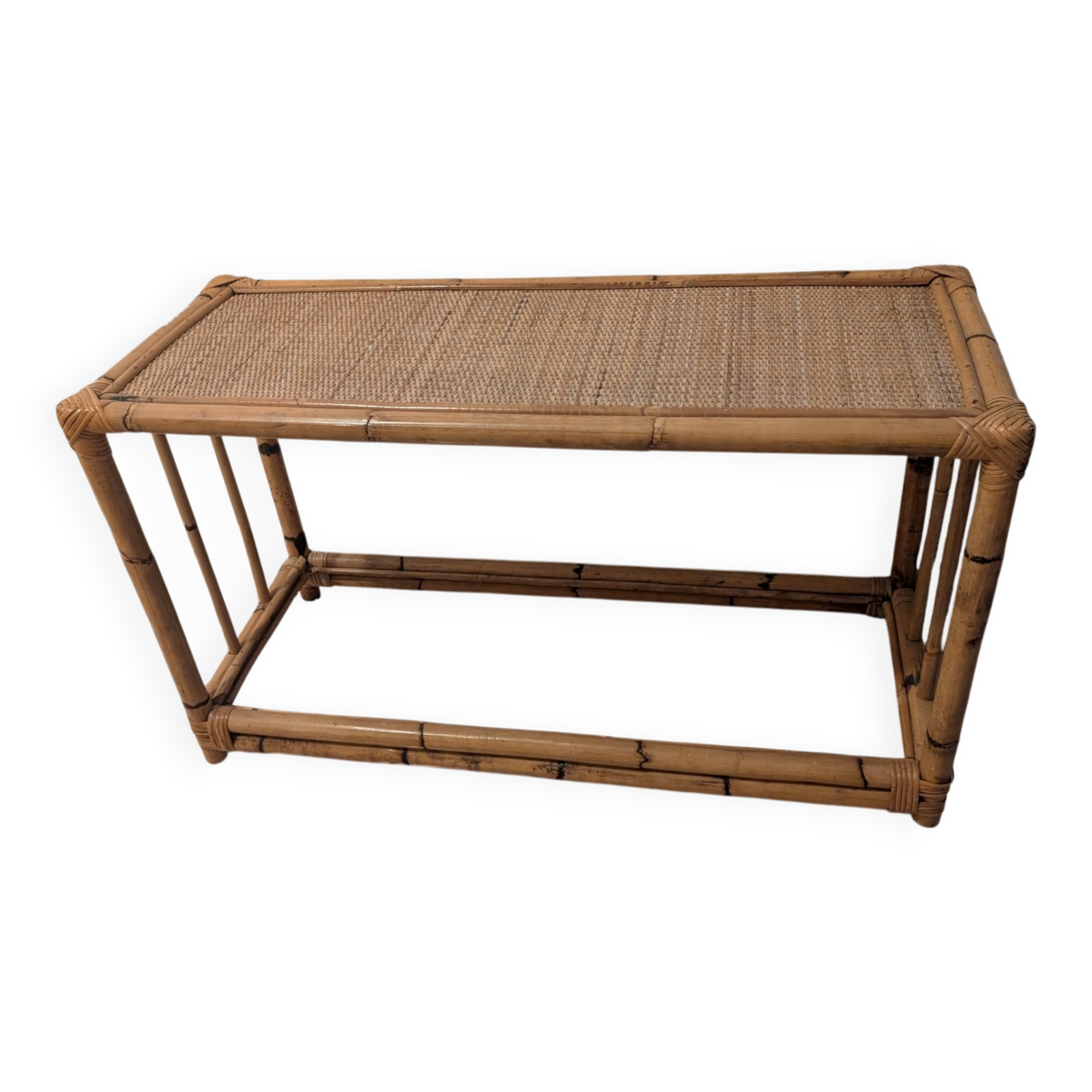 Vintage low bench / sideboard in bamboo and wicker – Boho-Chic style / M