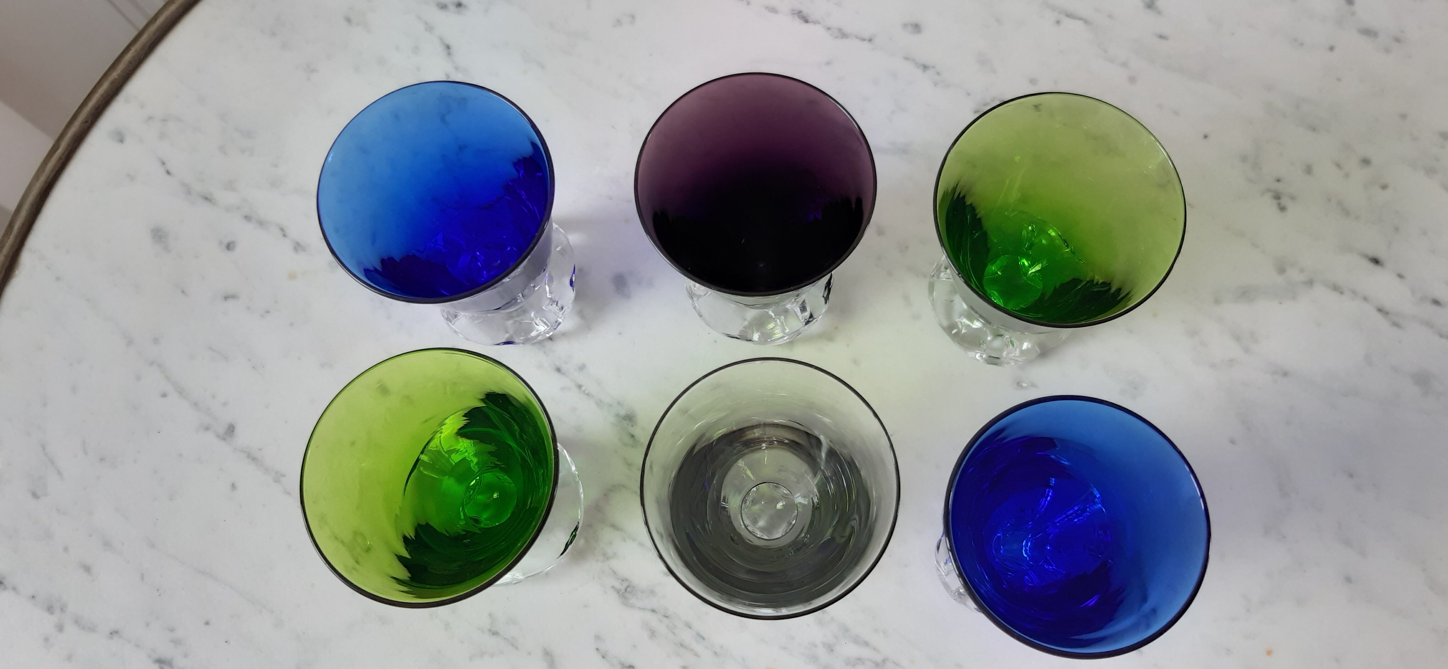 Set of 6 colored wine glasses feet flowers 60s-70s
