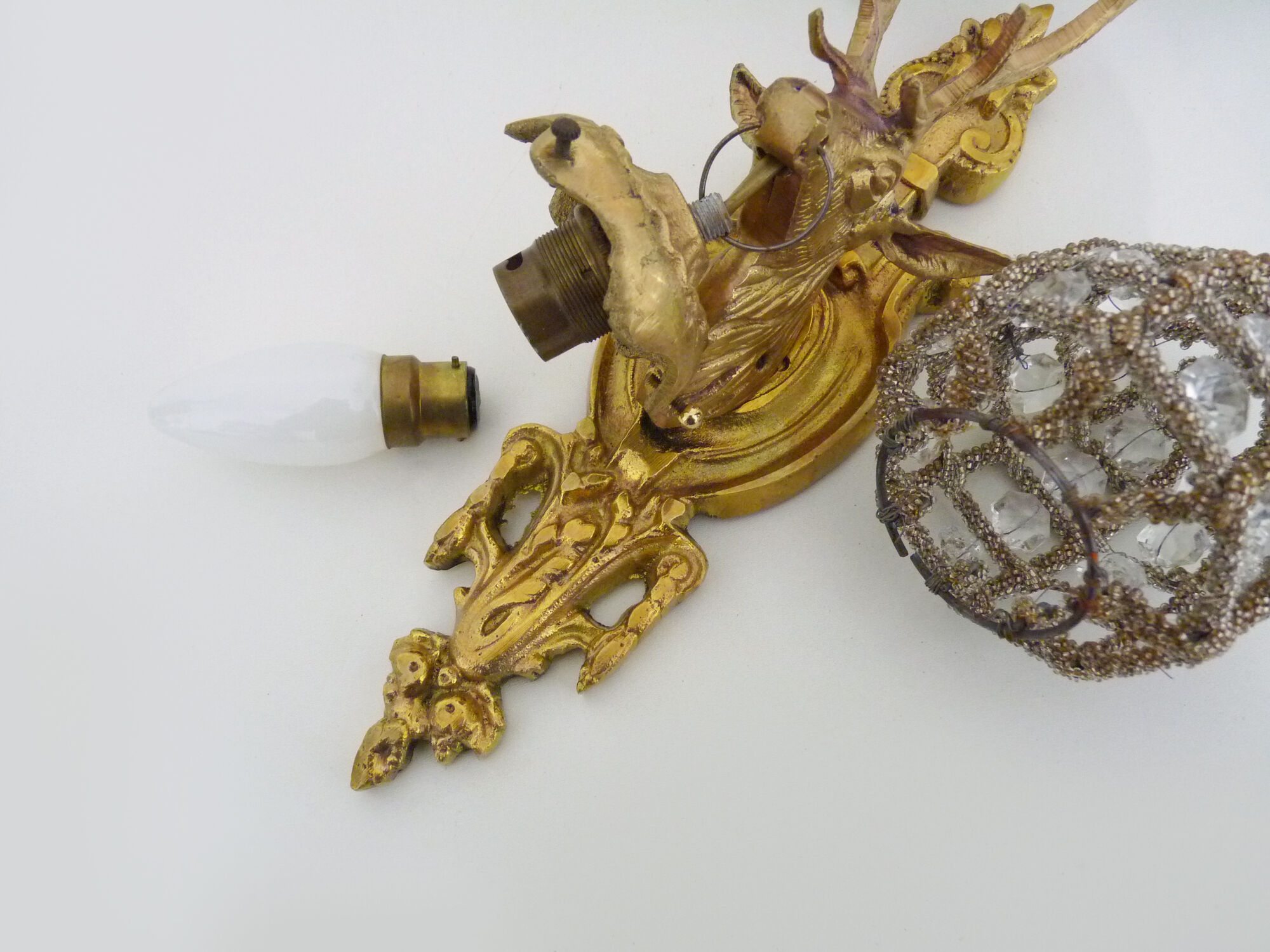 Pair of vintage wall lamps with pearl deer head and glass grapevines