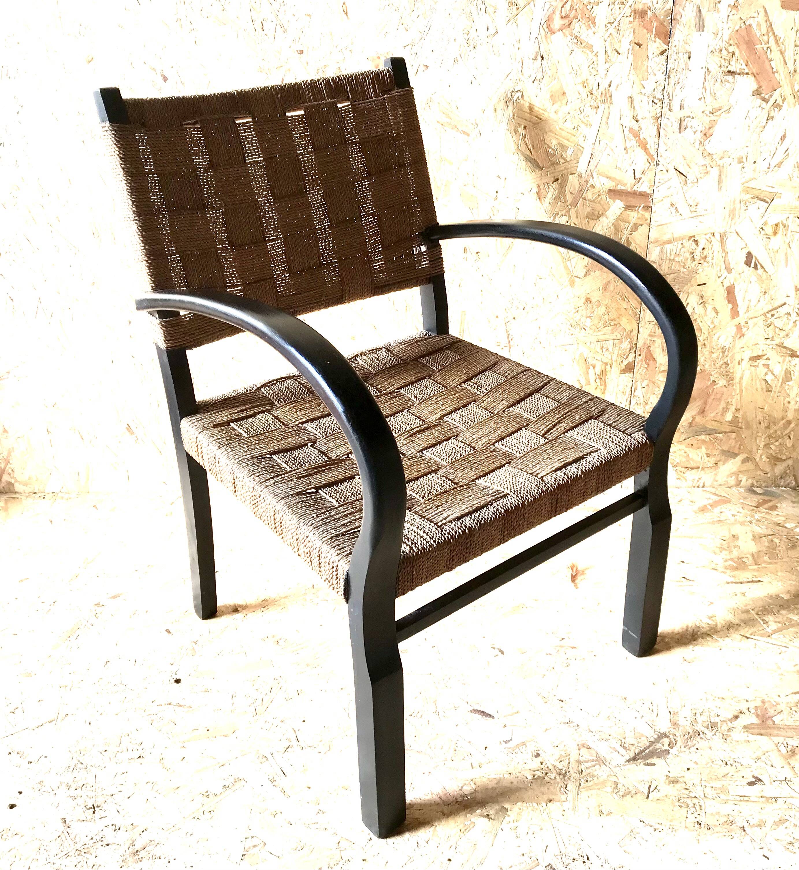 Vintage armchair with woven cord and wooden frame, Axel Larsson, circa 1960.