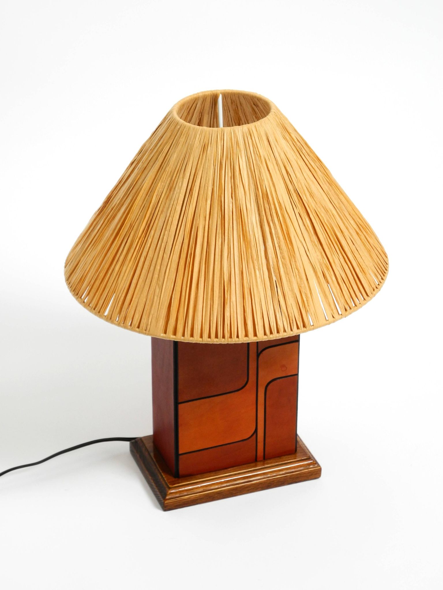 Italian 60s table lamp made of wood and leather with paper straw lampshade