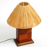 Italian 60s table lamp made of wood and leather with paper straw lampshade