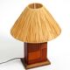Italian 60s table lamp made of wood and leather with paper straw lampshade