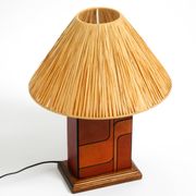 Italian 60s table lamp made of wood and leather with paper straw lampshade