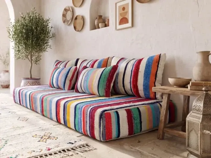 Multicoloured bohemian floor cushion – Handwoven striped recycled cotton