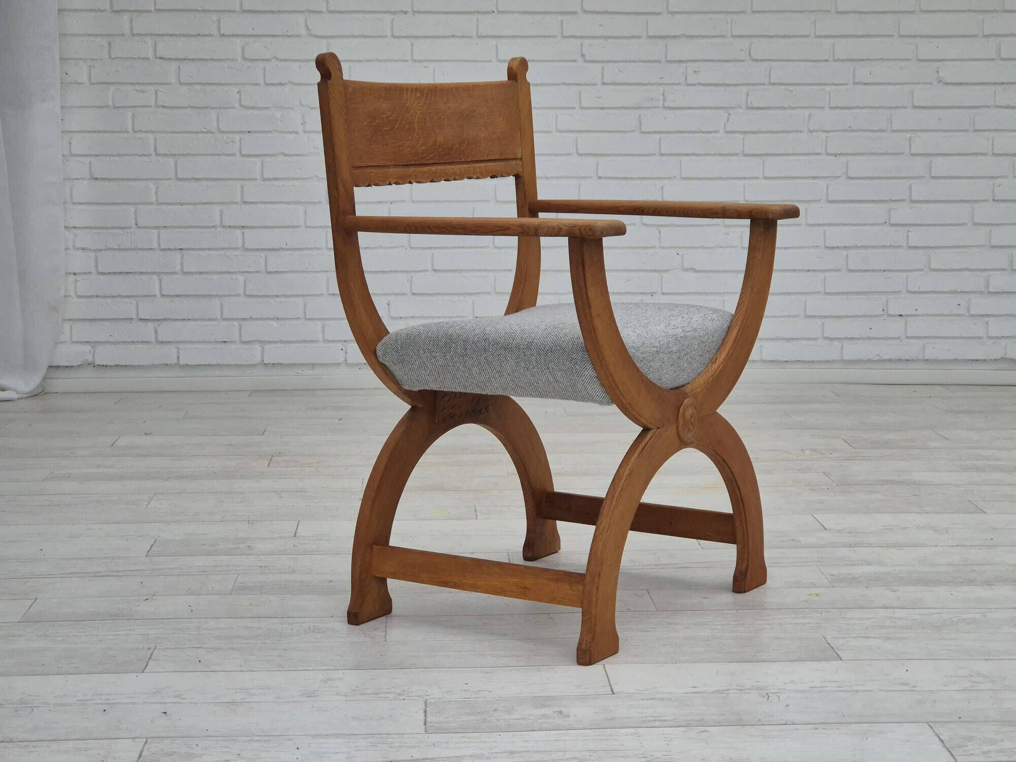 1960s, Danish armchair in solid oak wood, reupholstered, KVADRAT furniture wool.