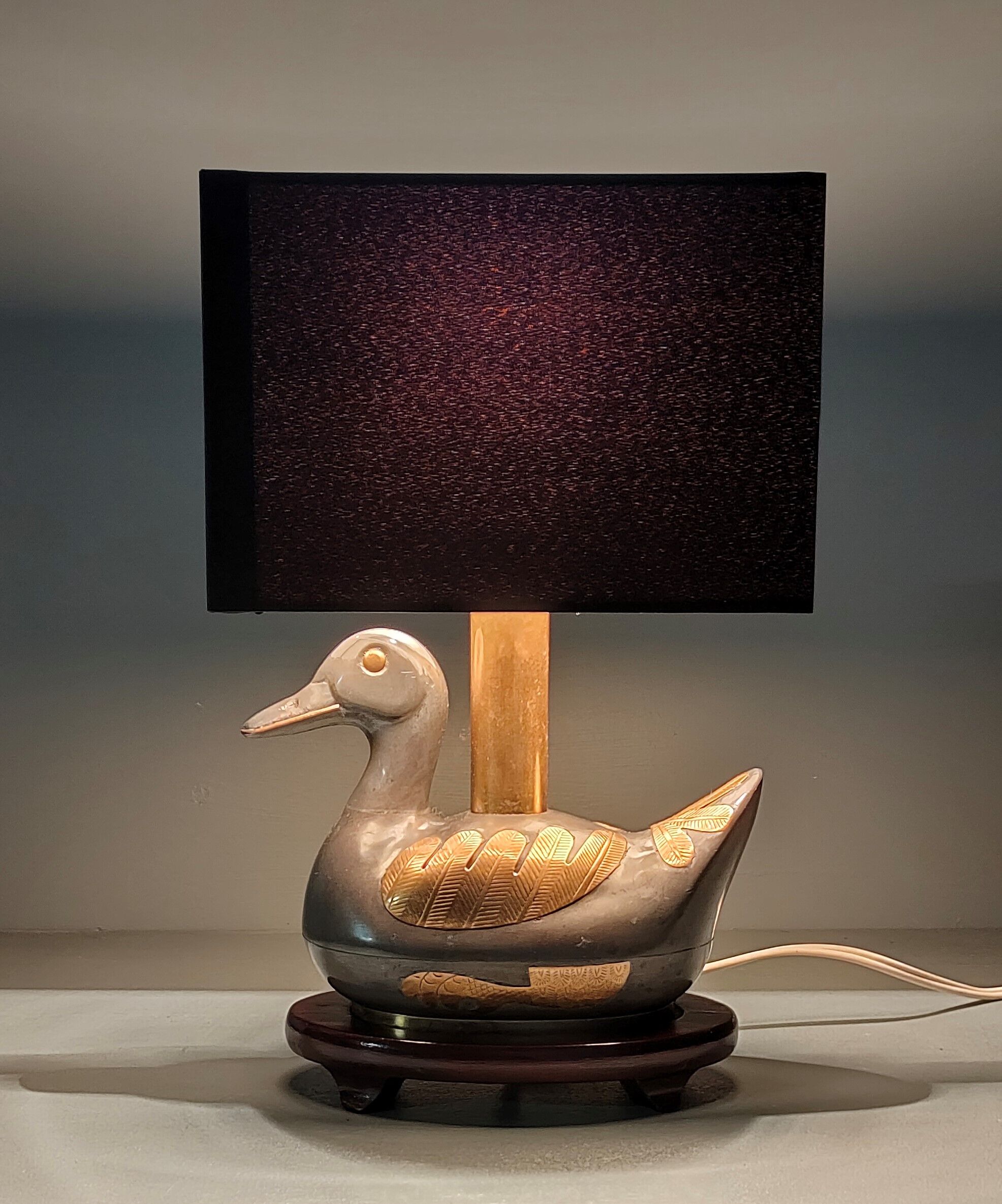 Vintage table lamp duck in pewter and gilded copper, patinated - 70s/80s - France