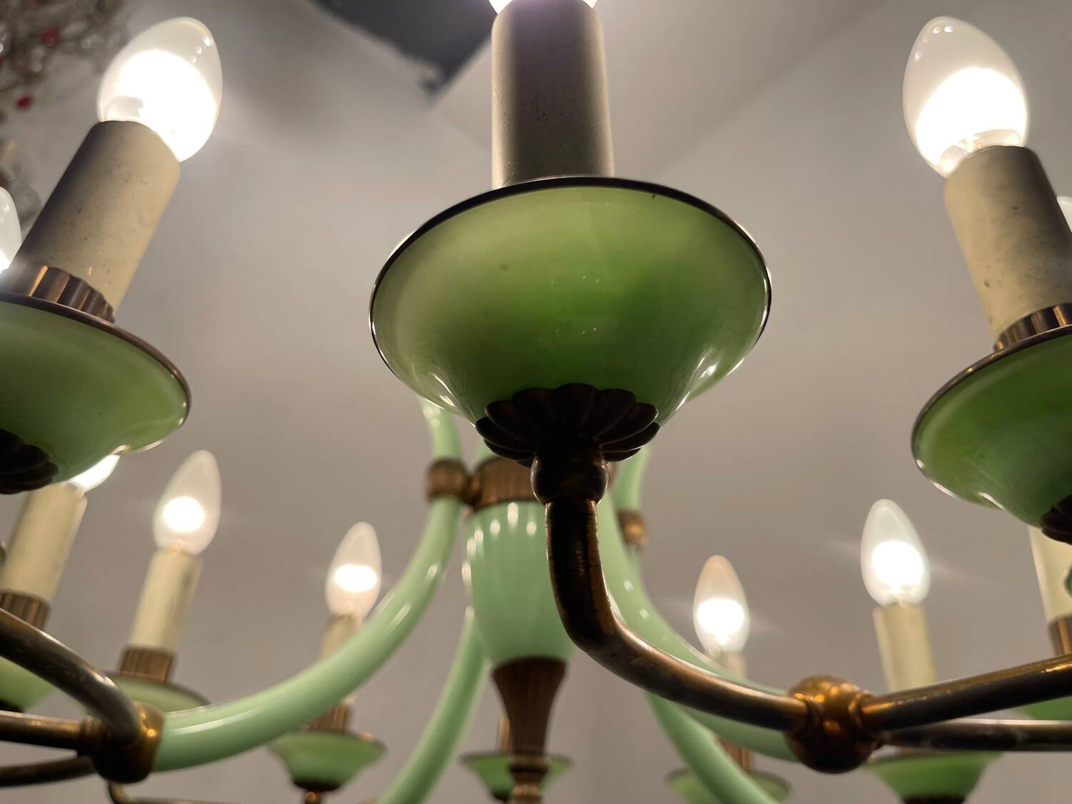 1950’s Opaline Glass Bronze Chandelier
