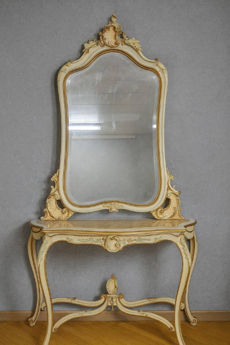 Console + grand miroir de style Louis XV en bois laqué et doré