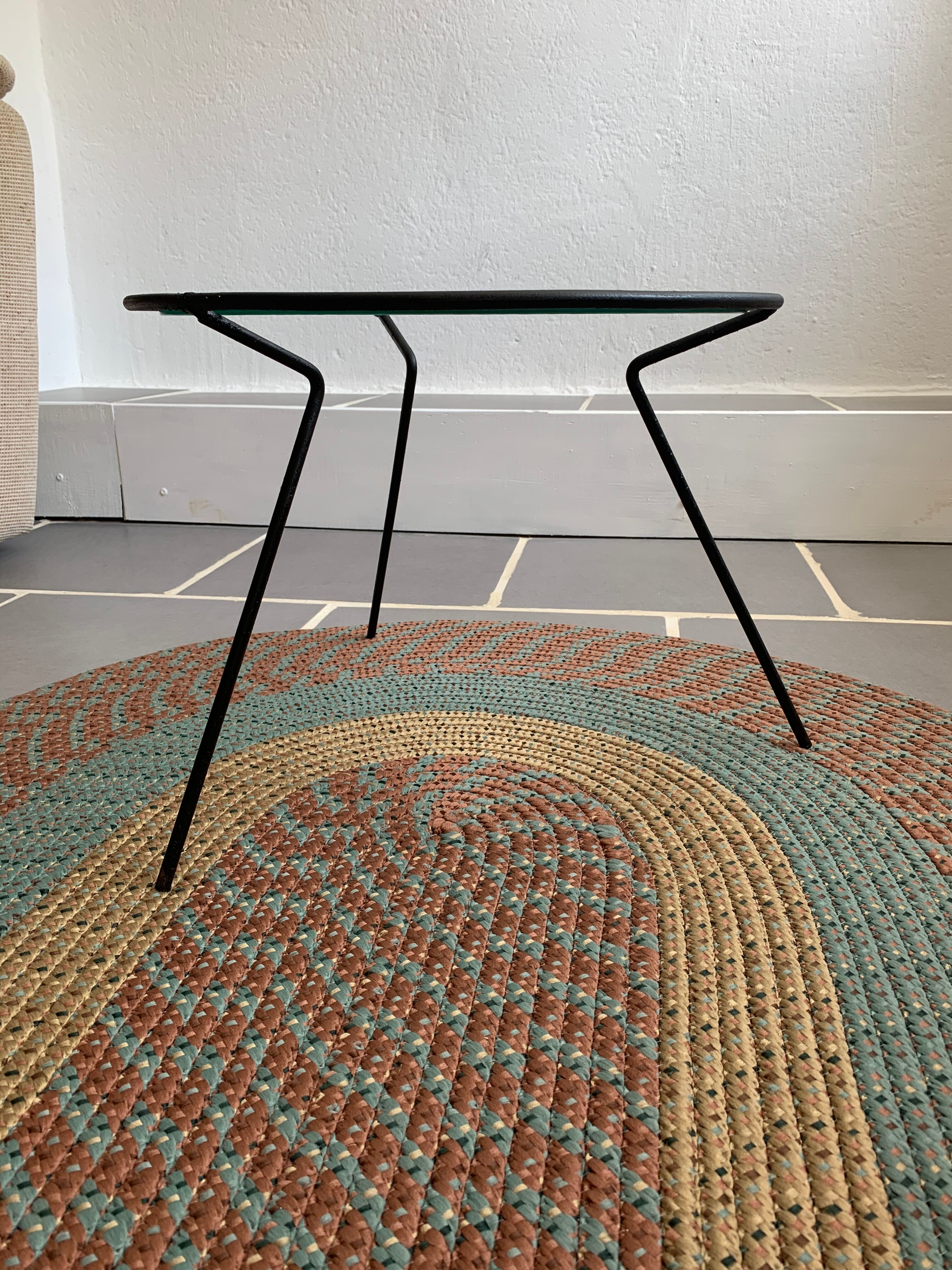 Vintage tripod glass and metal coffee table