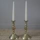 Pair of brass candlesticks in gold metal, ethnic tribal decoration, bohemian artisanal production