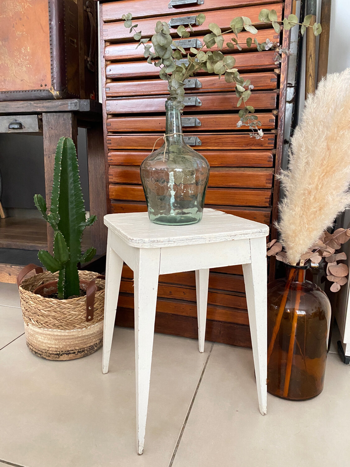 Vintage white wooden stool