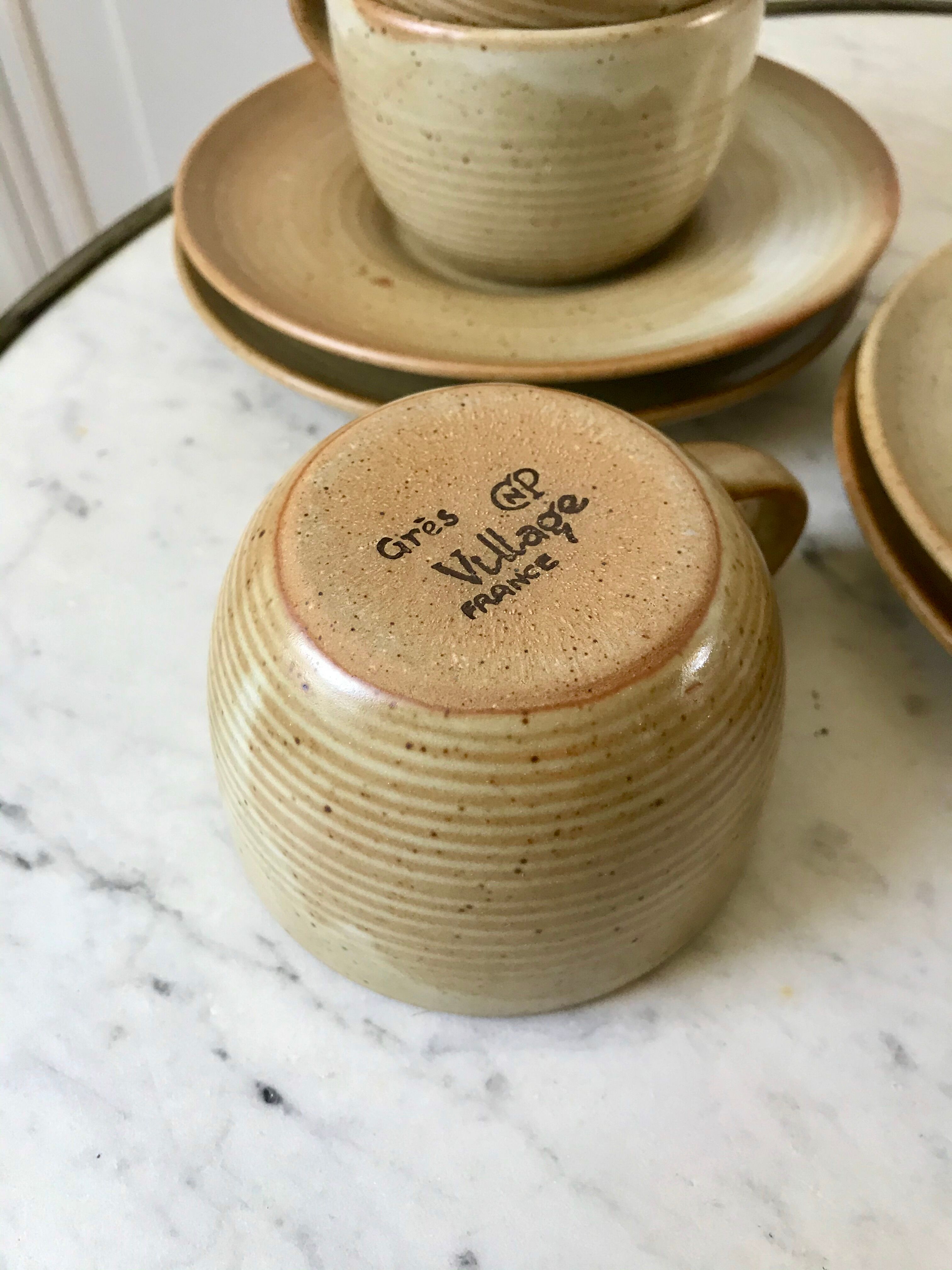 set of 6 stoneware cups and saucers Grès du Village 60s-70s