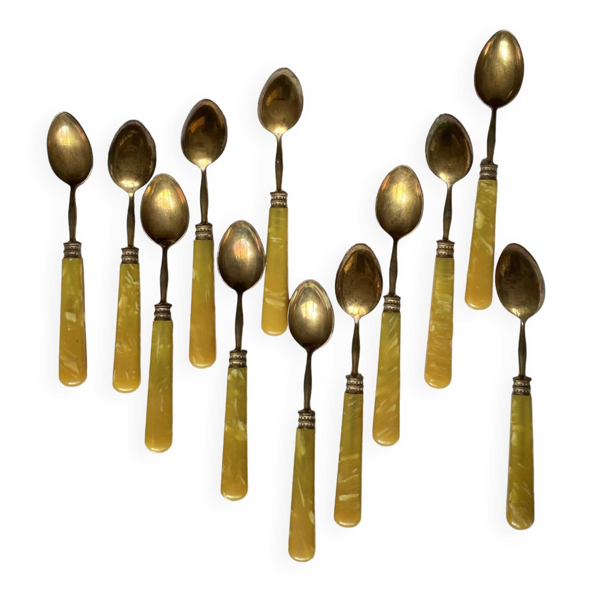 Set of 12 small bakelite and brass dessert spoons vintage tableware ACC-7079