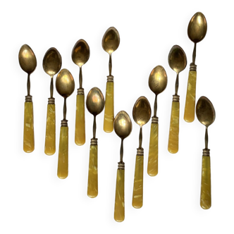 Set of 12 small bakelite and brass dessert spoons vintage tableware ACC-7079