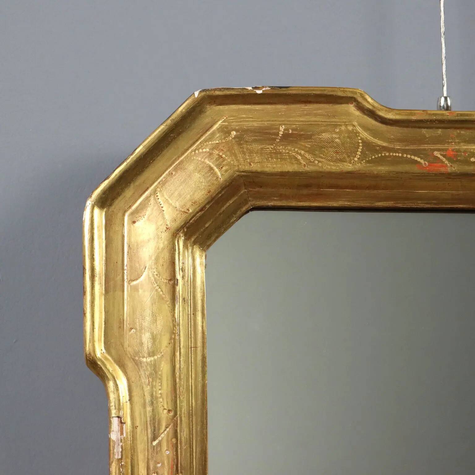 Antique cabaret mirror in gilded wood, Italy, mid-19th century.