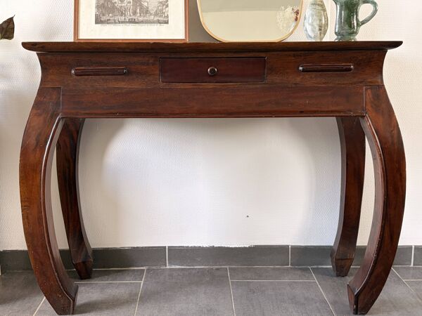Console bois massif style colonial – pieds arqués – tiroir – 100x40x81cm