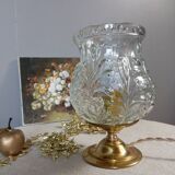 Brass foot table lamp, transparent textured molded globe, art deco style