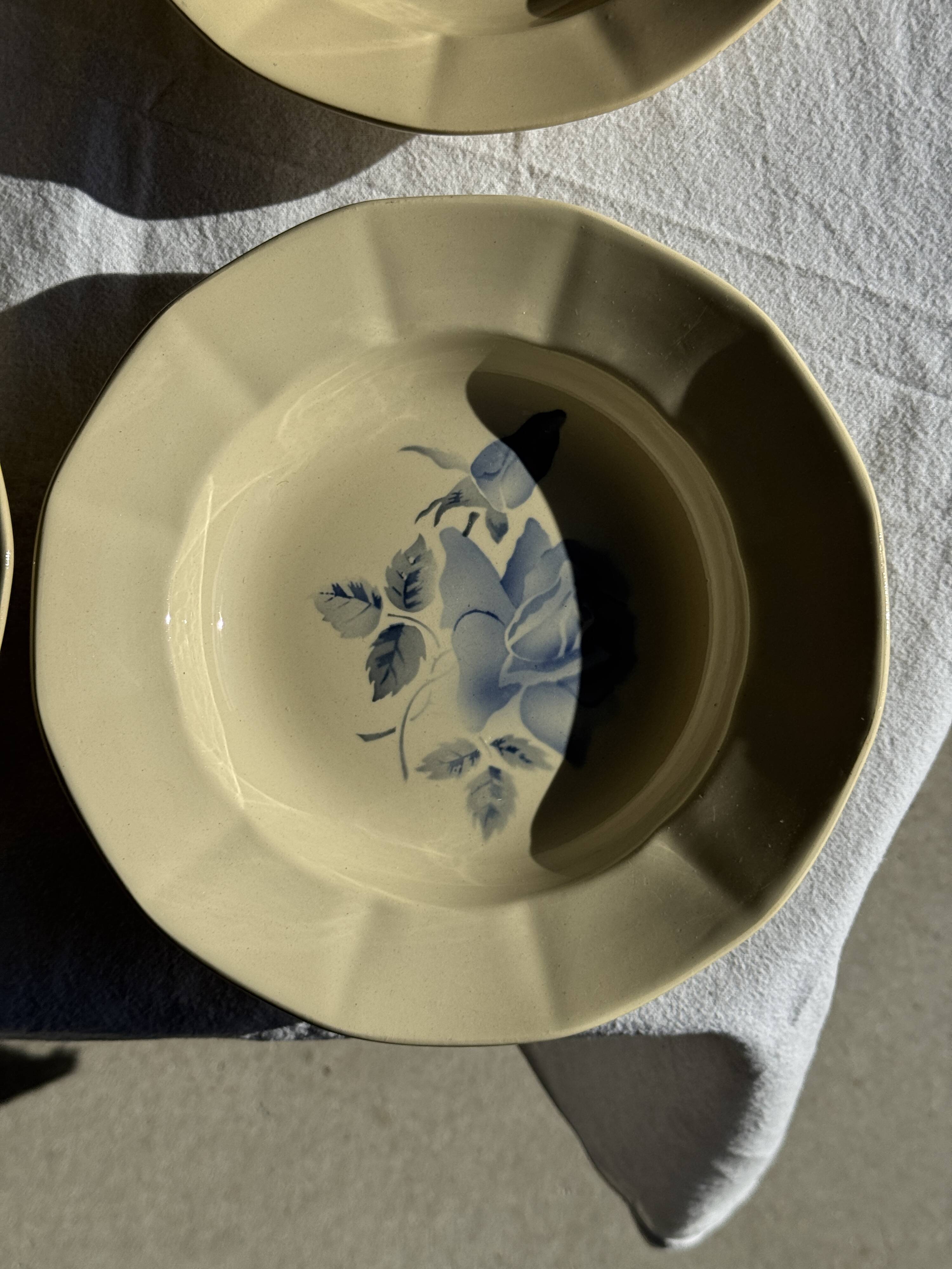 Set of 12 beige, pink, and blue deep plates from Digoin Sarreguemines, vintage.