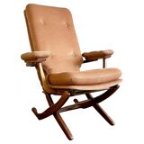 Folding armchair relax vintage wood and velvet with armrests - 70's