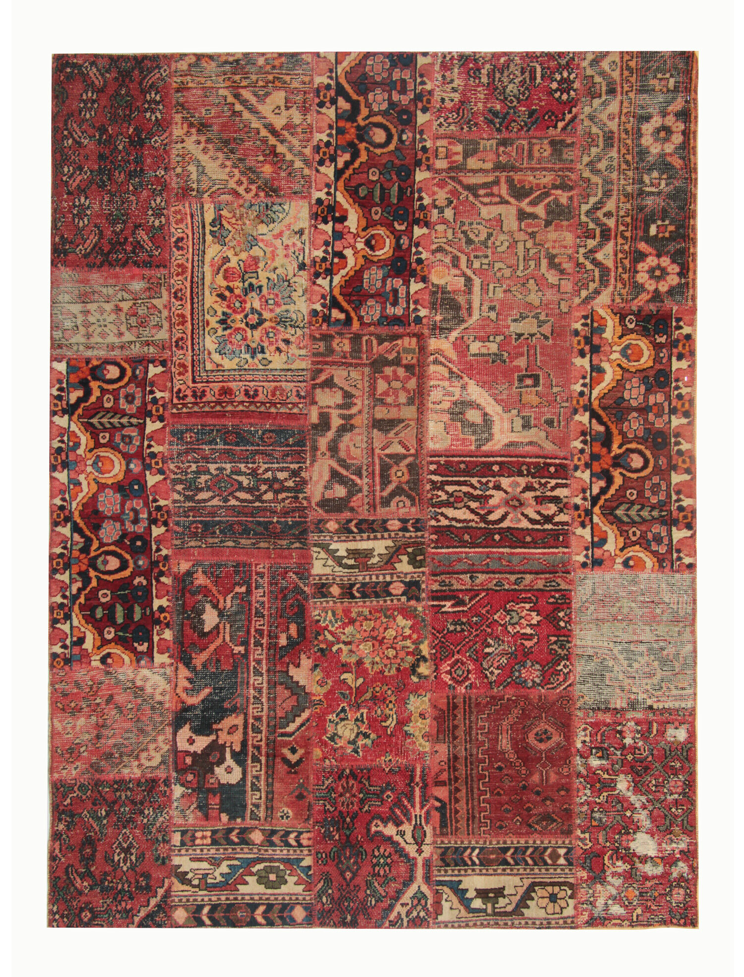 Refurbished oriental patchwork carpet handmade red wool area rug- 151x208cm