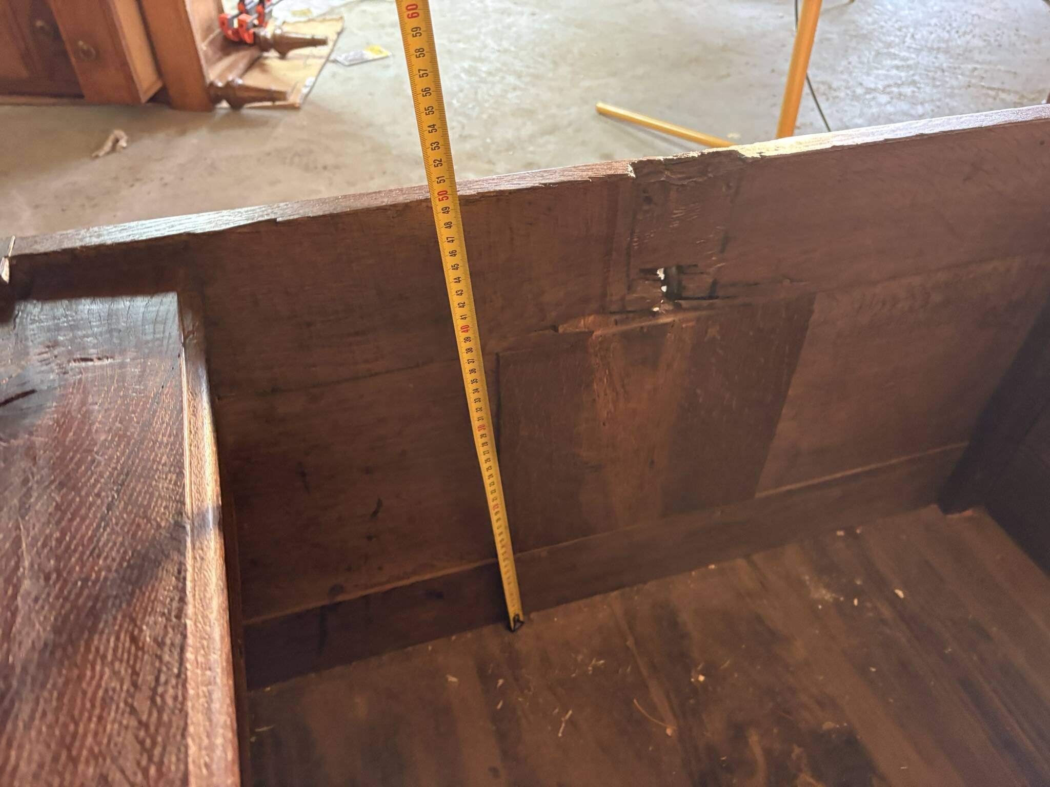 Antique rustic oak chest with original hardware and molded panels