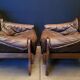 Pair of Vintage Brutalist armchairs from the 60s in leather and solid oak