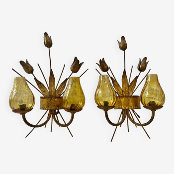 Pair of glass and golden metal wall lights period 1950