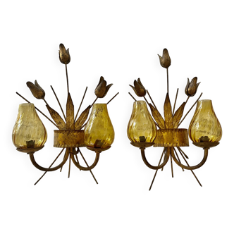 Pair of glass and golden metal wall lights period 1950